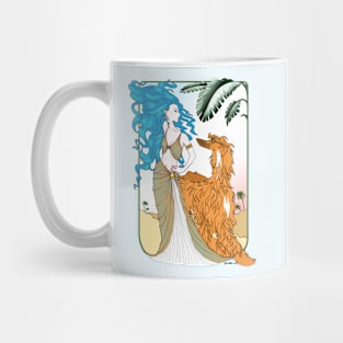 AFGHAN HOUND. Masked RED Afghan with blue haired goddess. Mug